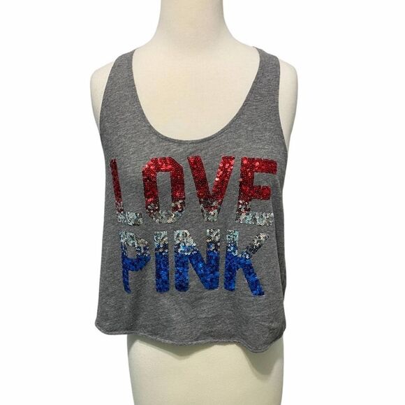 Victoria's Secret Pink Love Pink Sequin Tank Top Red Silver Blue Red Gray XS - Picture 1 of 10